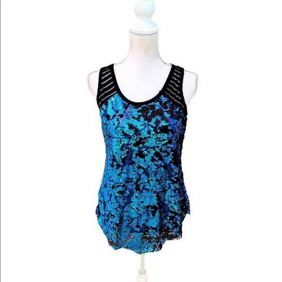 one of a kind Tops - One of a kind sequin turquoise black stretch tank top with built in bralet small